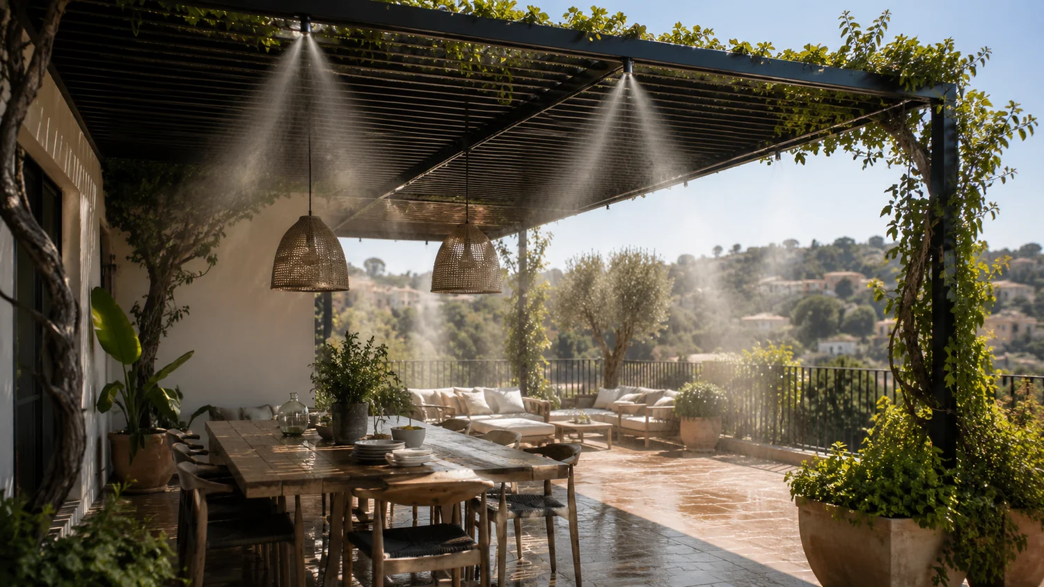 Terraza particular con pérgola y nebulización